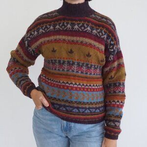Vintage Molly Multicolor Fair Isle Bird Knit Sweater Cabincore Grandpa M